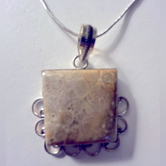 NWOT Necklace Fossilized Coral stone 2” scroll pendant .925 plate 18”chain - Picture 1 of 4